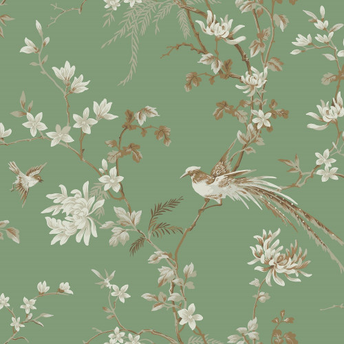 24 Karat Bird and Blossom Chinoiserie Green Large Sample
